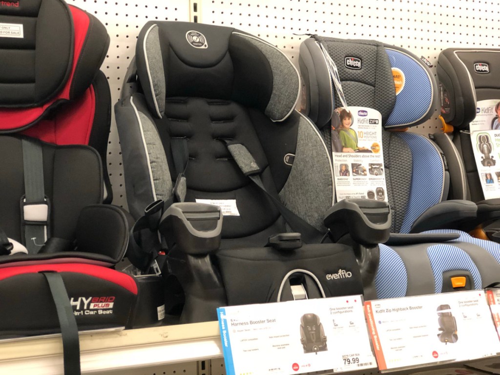 rows of carseats on display in store