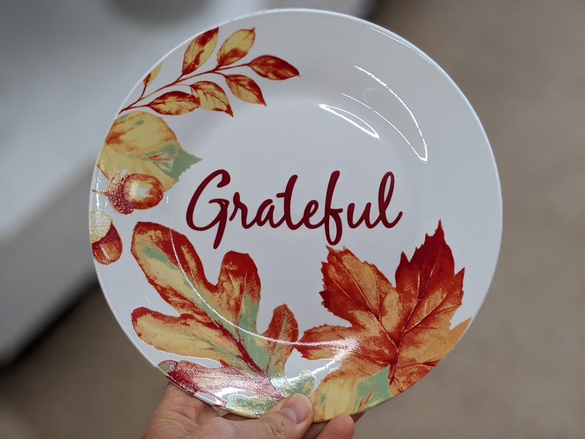 hand holding plate that has leaves painted on it with word "grateful"
