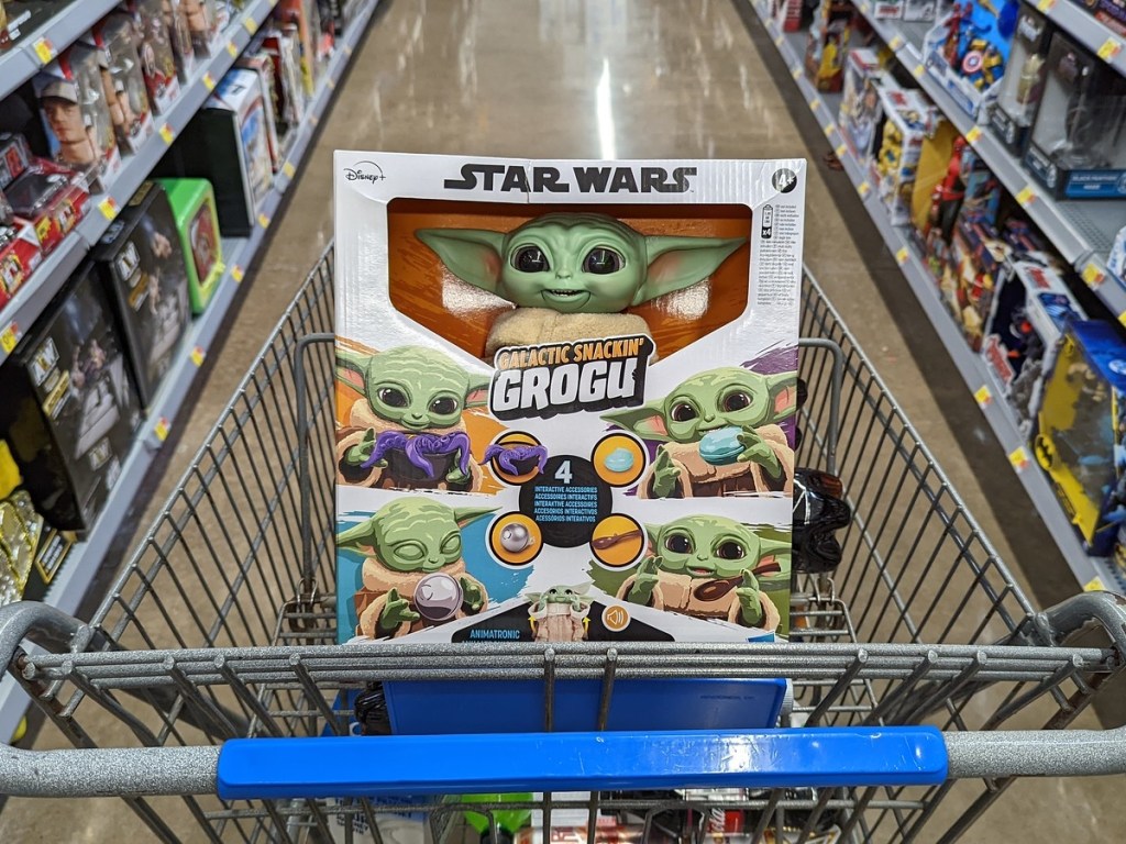 Grogu figure in Walmart shopping cart