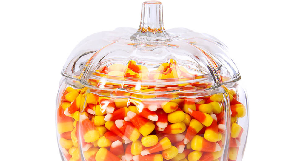 glass pumpkin jar with candy corn