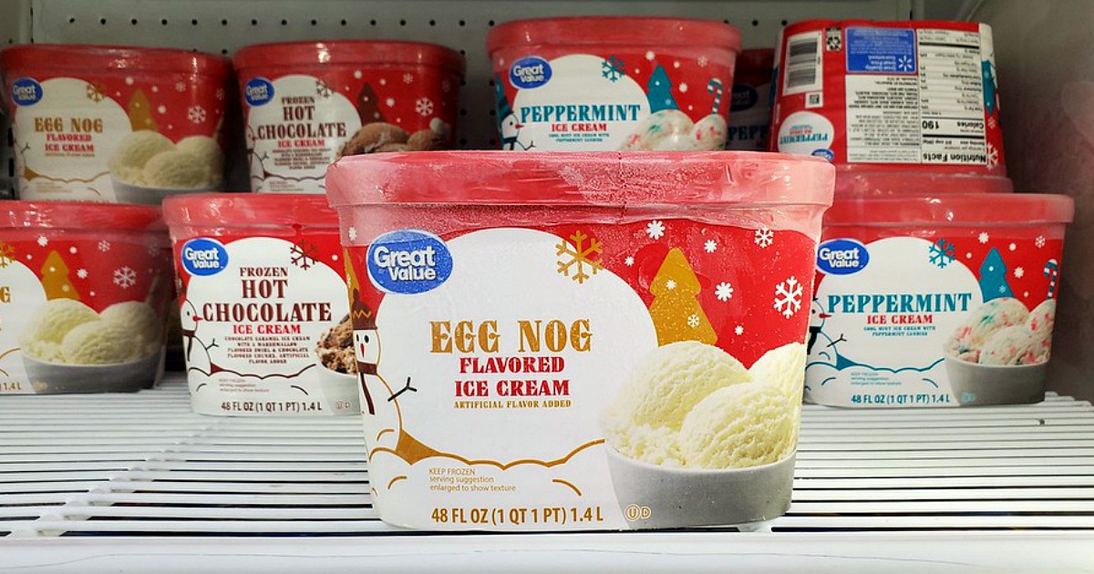 carton of egg nog ice cream on a store freezer shelf