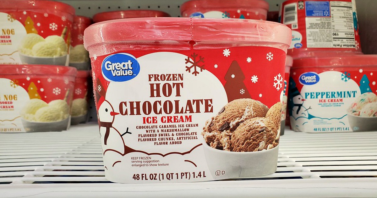carton of hot chocolate flavored ice cream on a freezer store shelf