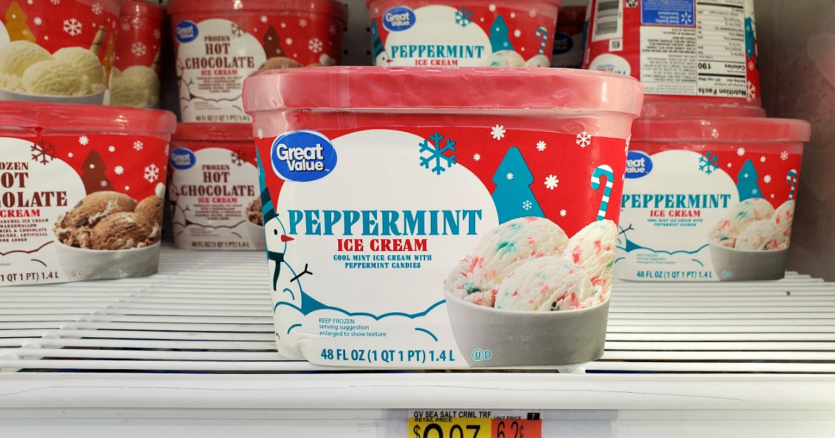 carton of peppermint ice cream on a freezer store shelf