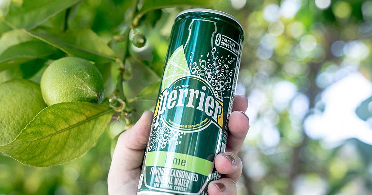 hand holding up a can of perrier against a lime tree in the background