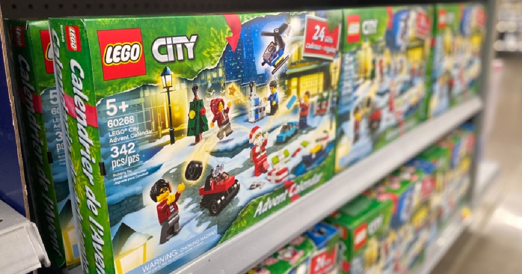 lego city advent calendar on shelf