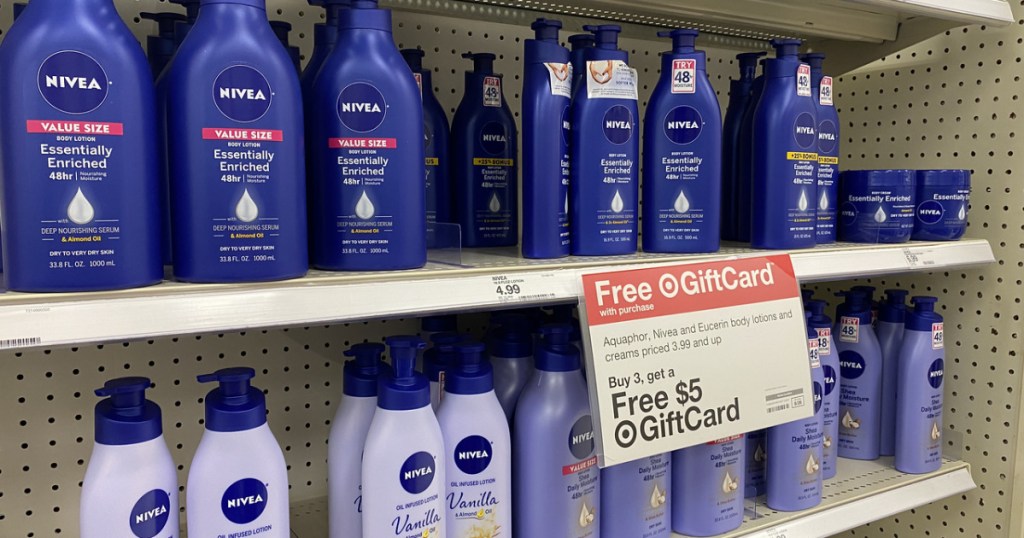 store shelf display with lotion and prices on it