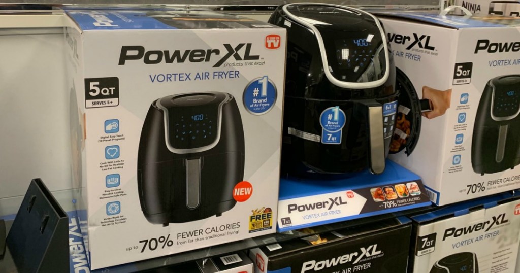 powerxl air fryer on store shelf in and out of packaging