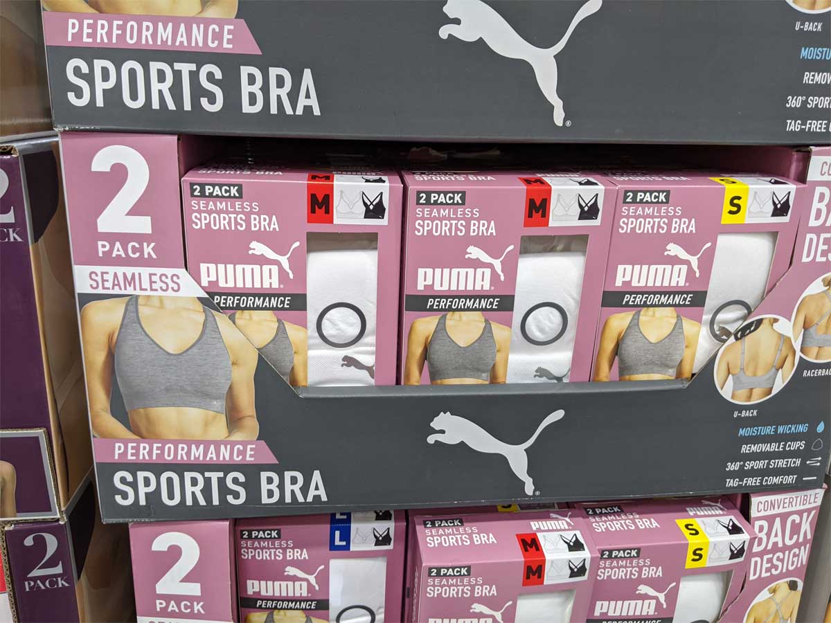 In-store display of Woman's sports bras in two packs
