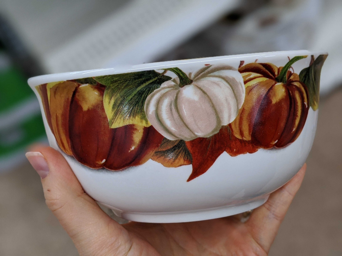 hand holding bowl with pumpkins painted on it