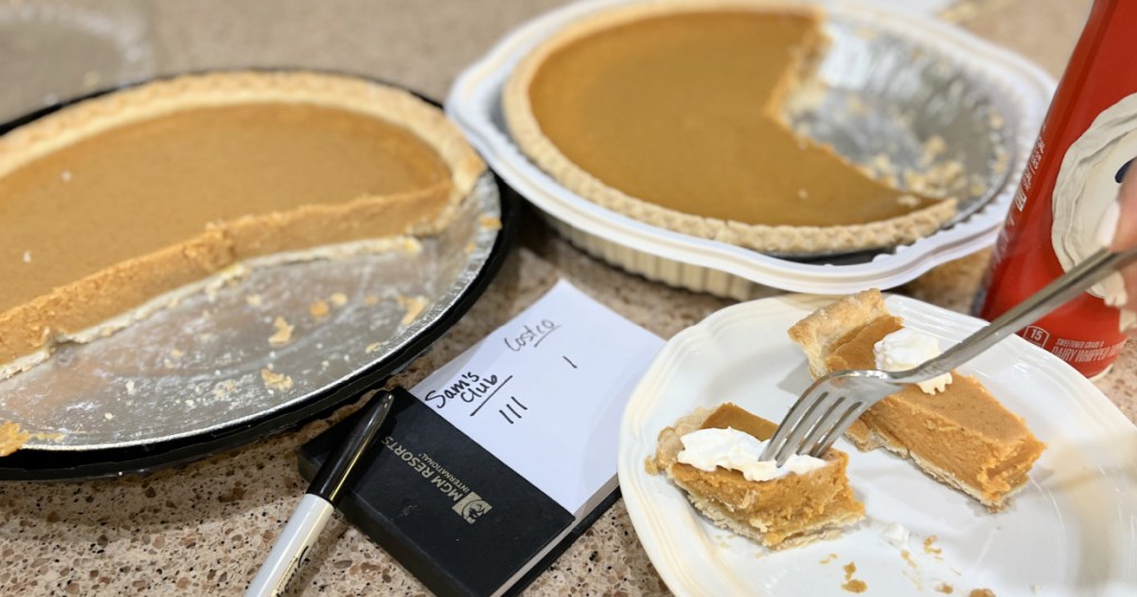 woman with both costco pumpkin pie and sam's club