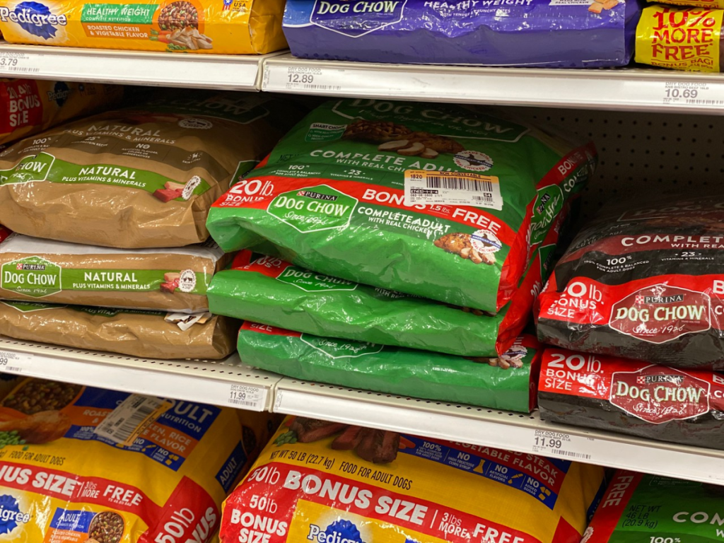 bags of dog food on stor shelf