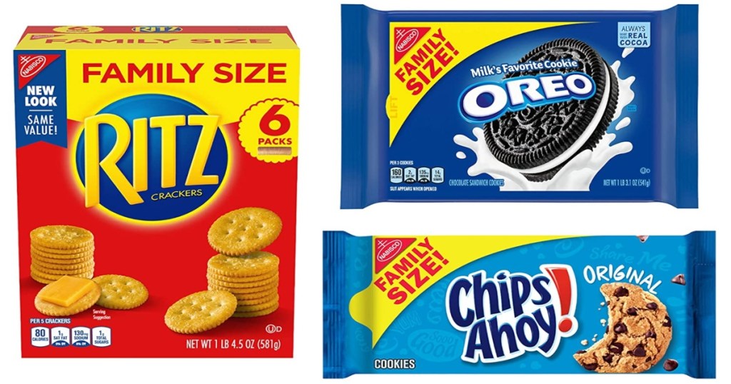 Three packs of snacks, one RITZ, one Oreo and one Chips Ahoy!