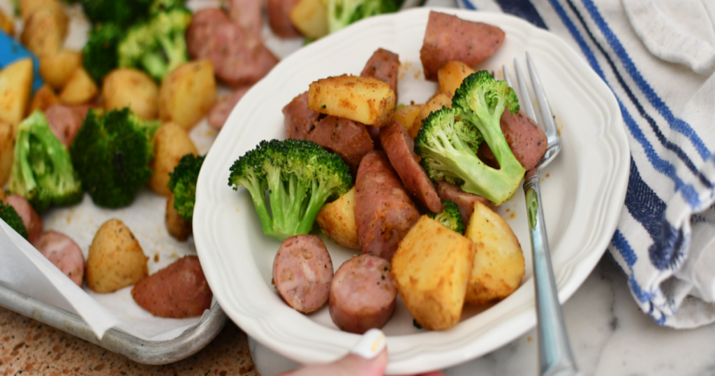 eat at home sausage potato and broccoli sheet pan meal