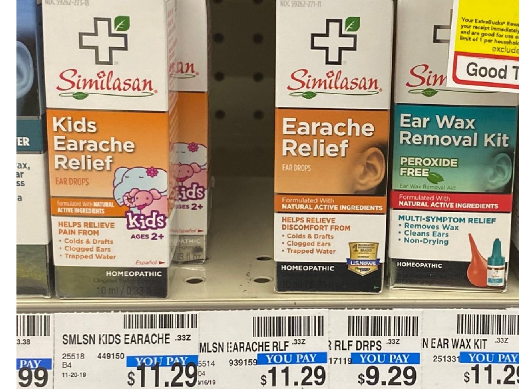 store shelf with children's earache products sitting on it