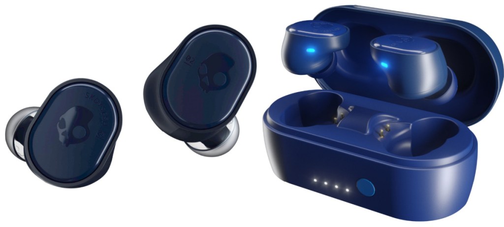 skullcandy earphones case and headphones in blue