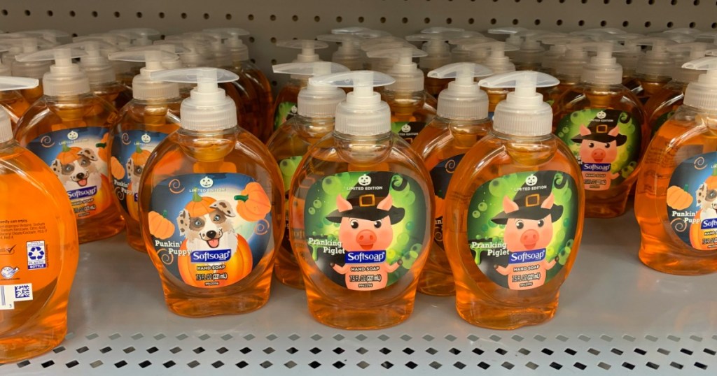 halloween themed softsoap hand soaps on a store shelf