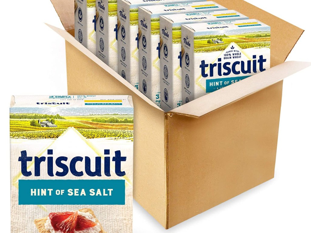 cardboard box with boxes of Triscuit brand crackers in it