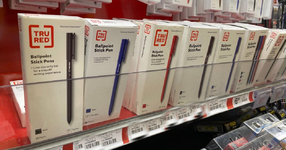 tru red pens on shelf at staples