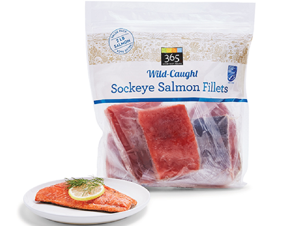 365 Wild-Caught Sockeye Salmon Fillets Bag and plate of salmon