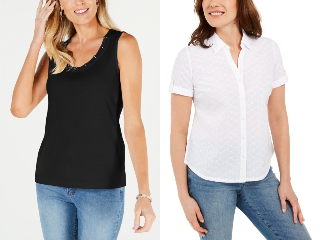 women wearing a black tank top and white button up shirt