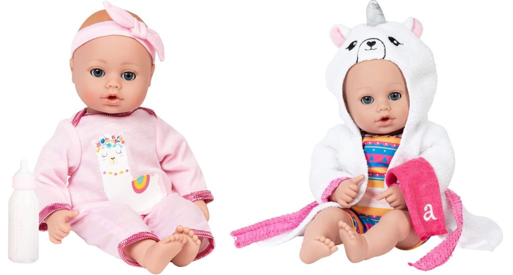 two adora baby dolls in pajamas and bath time clothing