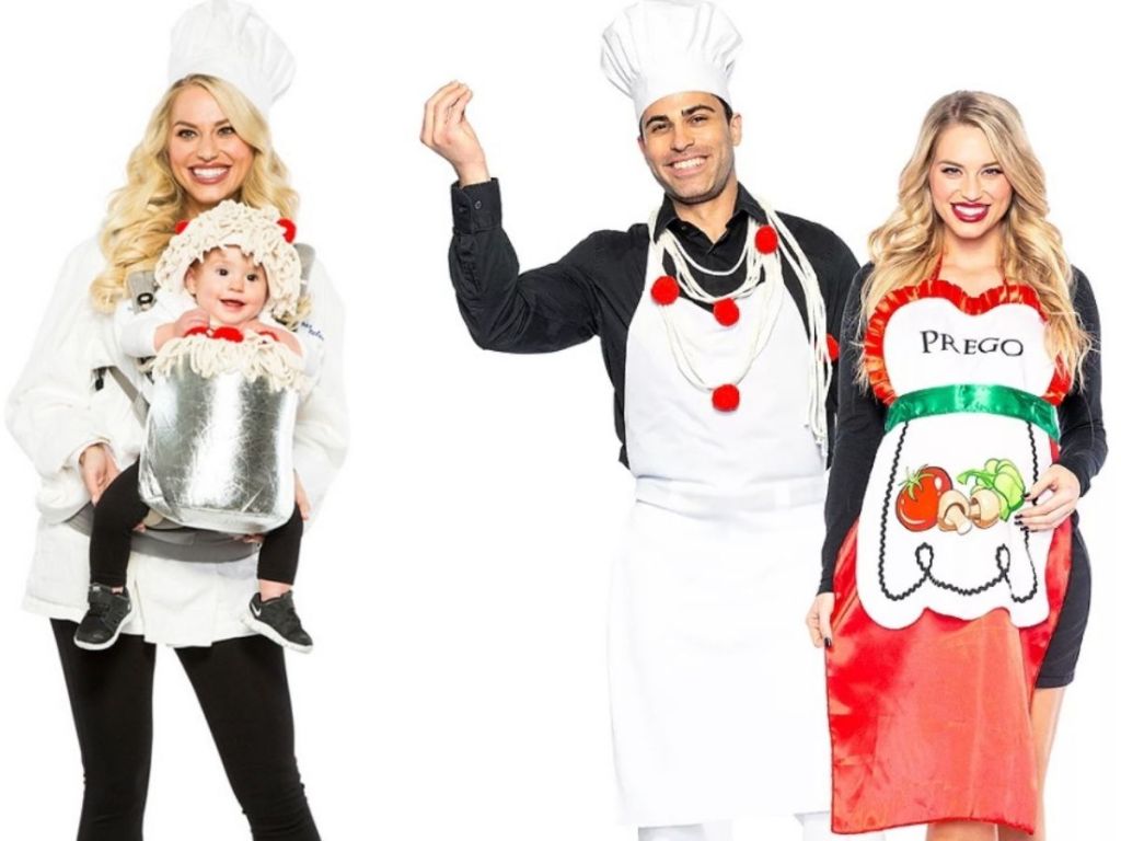 Adults dressed in Halloween Costumes as Chefs with Baby and Woman as a Prego Halloween Sauce