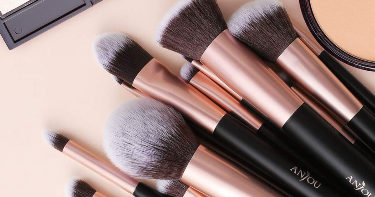 set of makeup brushes with rose gold ferrule and matte black handle