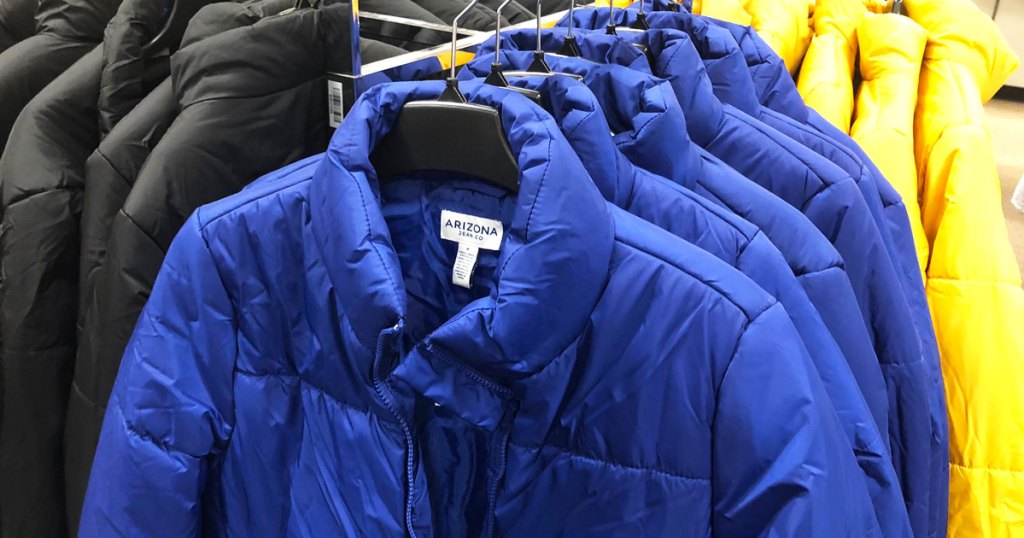 blue Arizona brand kids puffer jackets on hangers