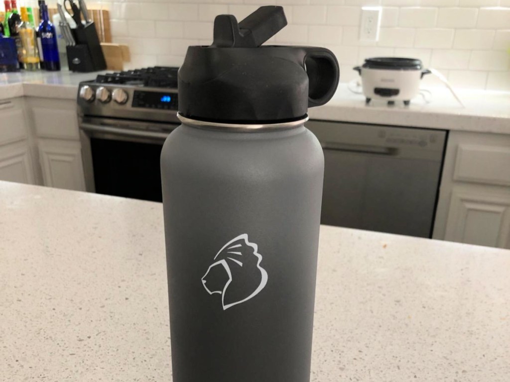 BUZIO Insulated Water Bottle on counter in kitchen