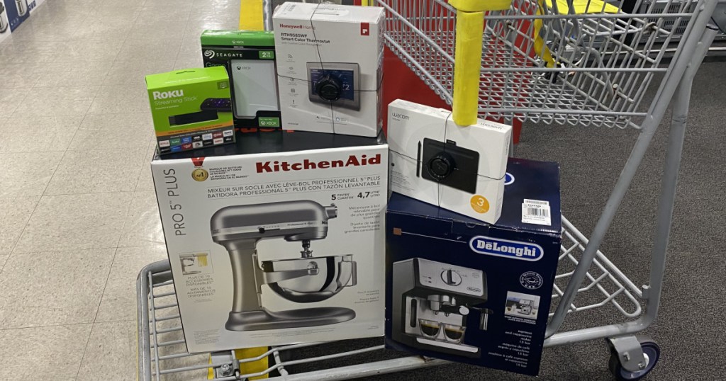 various electronics and appliances on store cart