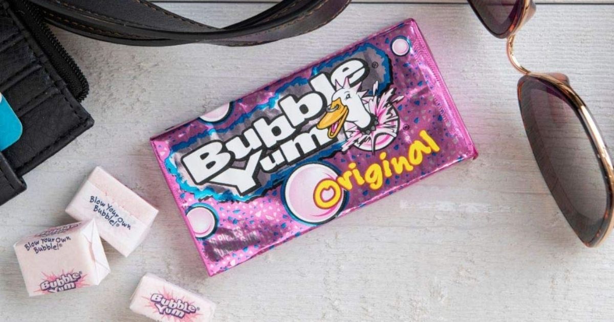 pack of Bubble Yum Bubble Gum with pieces of gum next to package