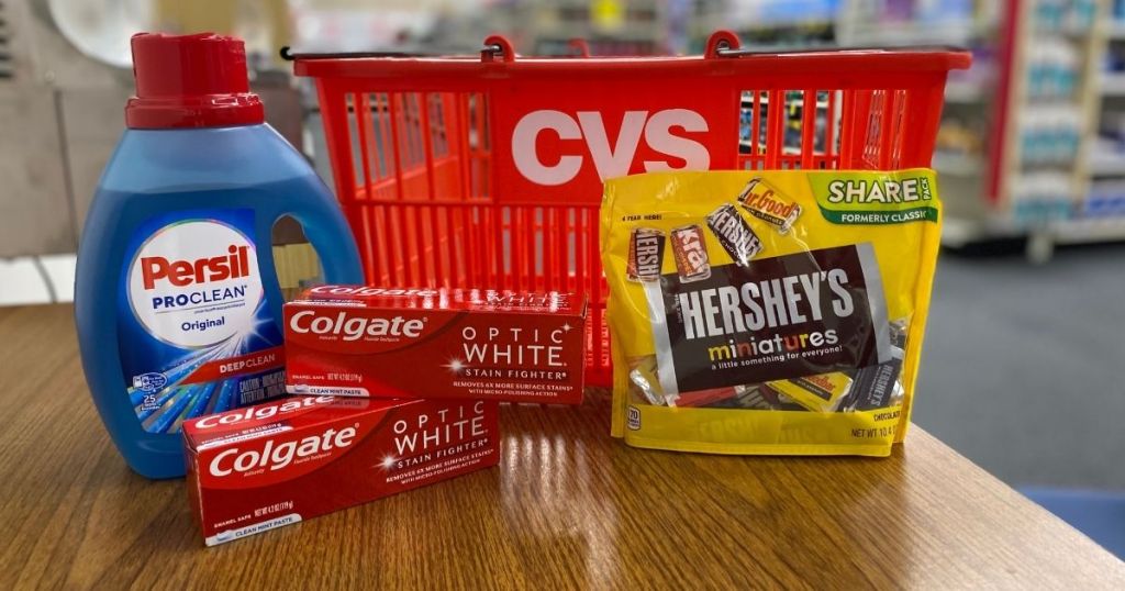 Persil, Colgate and Hershey's next to a CVS basket