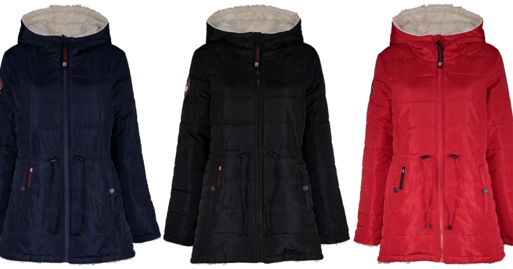 blue puffer coat, black puffer coat, and red puffer coat
