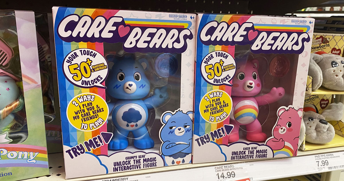 blue and pink care bears interactive toys in retro packaging on target shelf