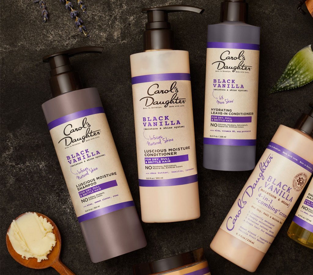 carol's daughter black vanilla shampoo, conditioner, and leave-n conditioning hair care products