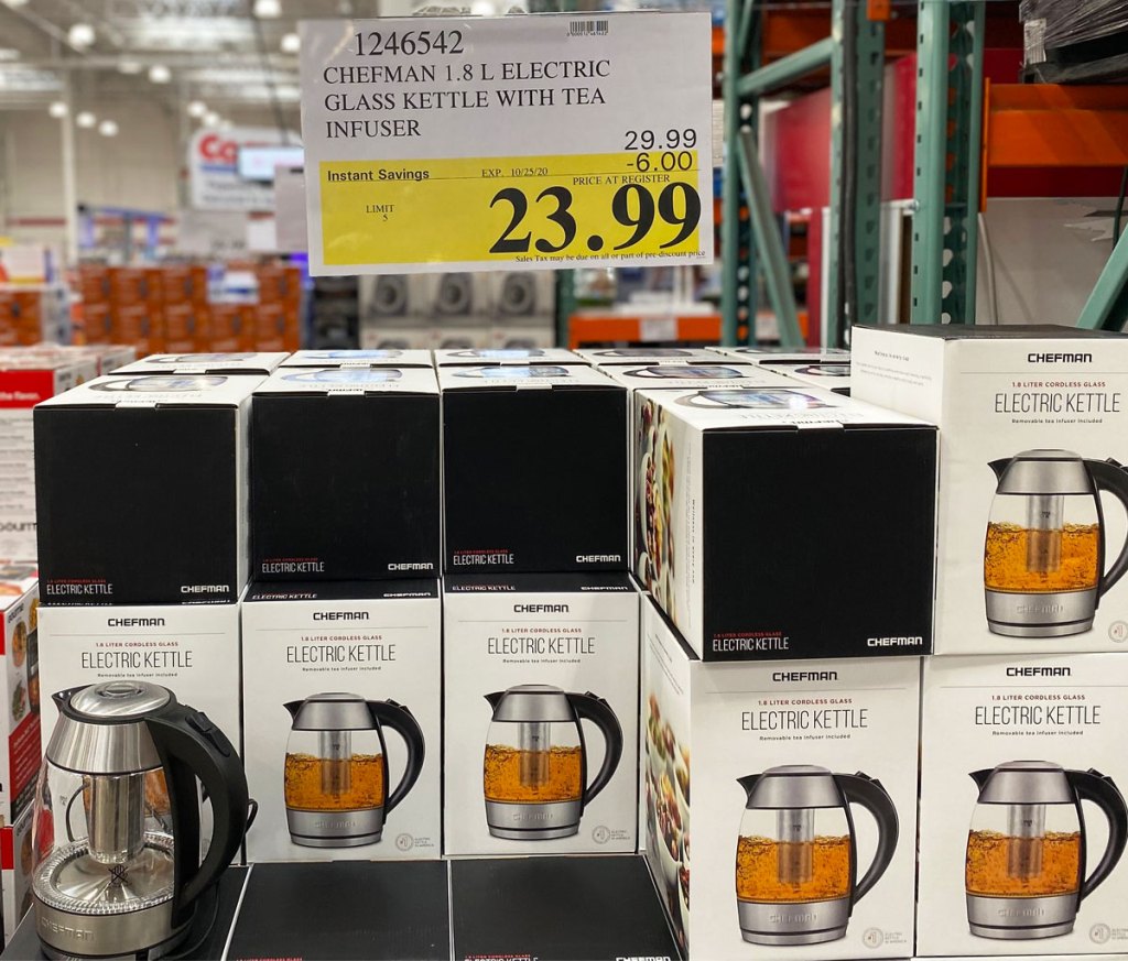 chefman electric kettle boxes stacked at costco under sale sign