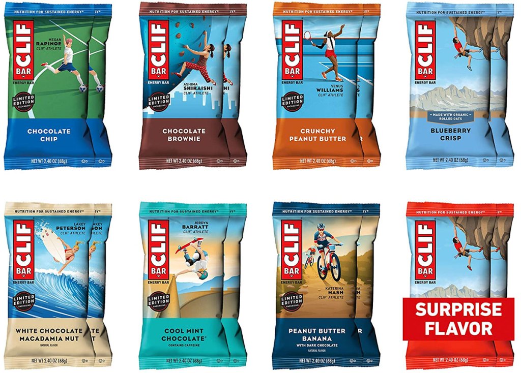8 different flavors of clif bars with two bars each