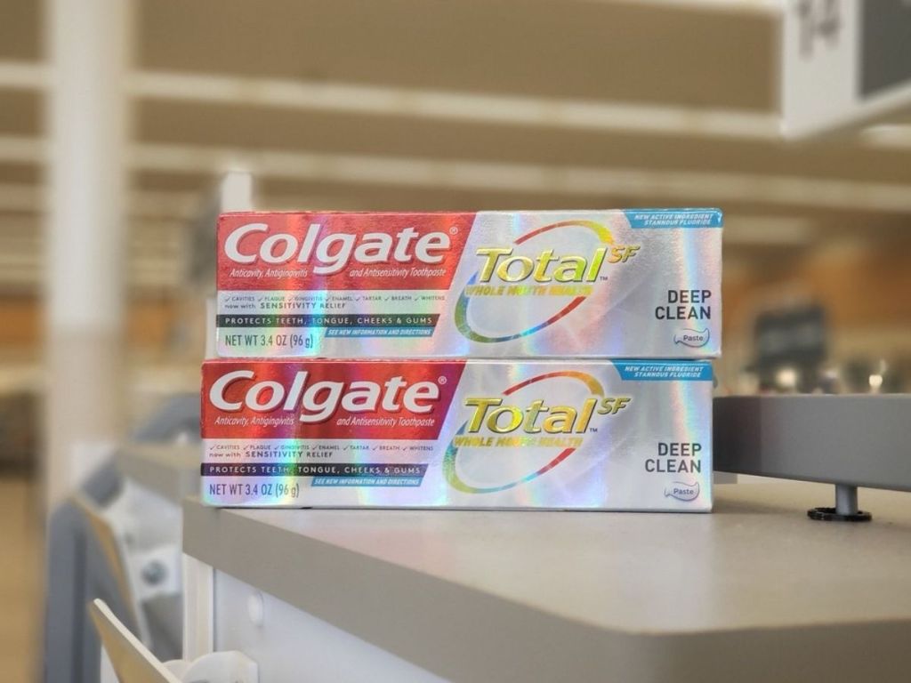 2 Colgate Total Deep Clean Toothpastes on counter in store