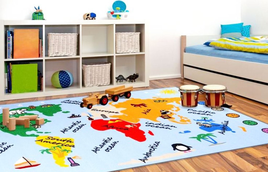 colorful geography themed area rug in kids room