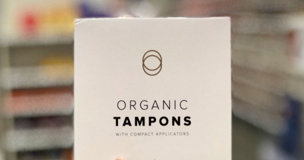 Cora Organic Tampons, white box in store