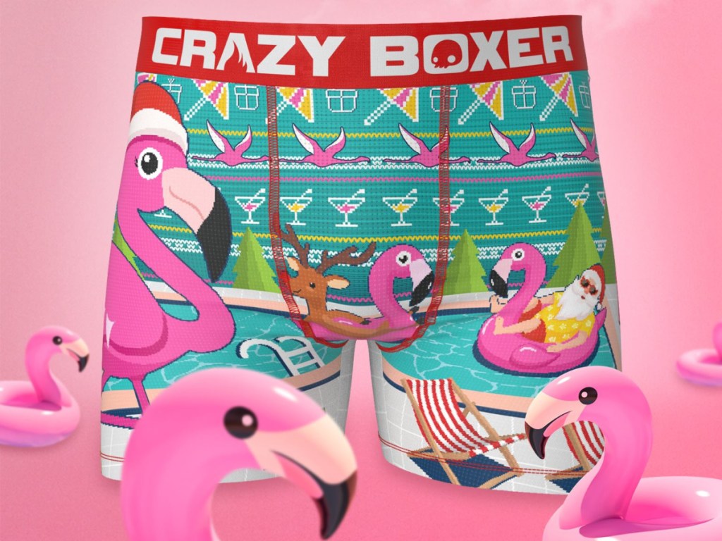 men's flamingo santa hat boxers and pink flamingo background