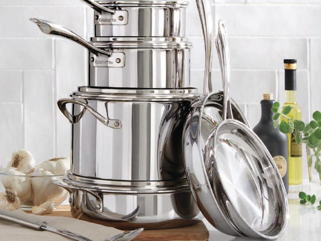 Cuisinart 10-Piece Stainless Steel Cookware Set stacked on a kitchen counter 