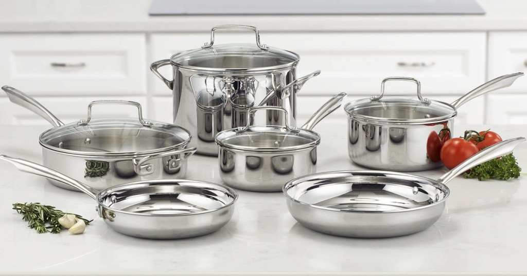 Cuisinart 10-Piece Stainless Steel Cookware Set on a kitchen counter