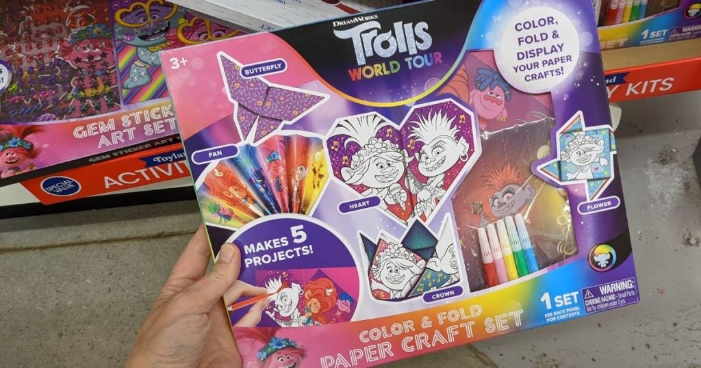 Trolls craft kit box held by hand