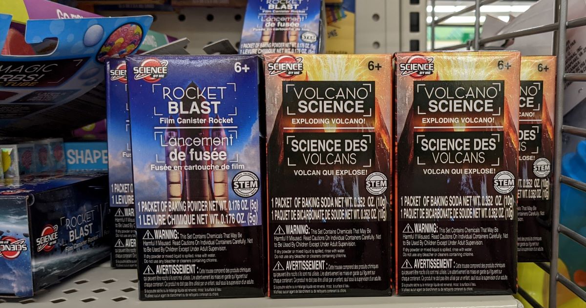 display of science kits on shelf at Dollar Tree