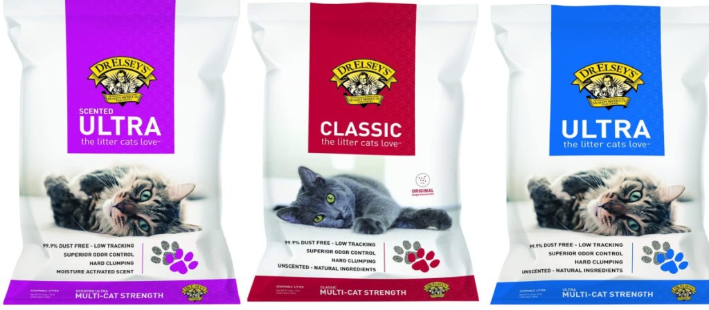 three large bags of dr. elsey's cat litter