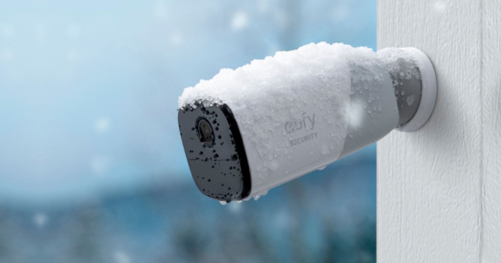 EufyCam Pro Security Camera outside with snow attached to a wall