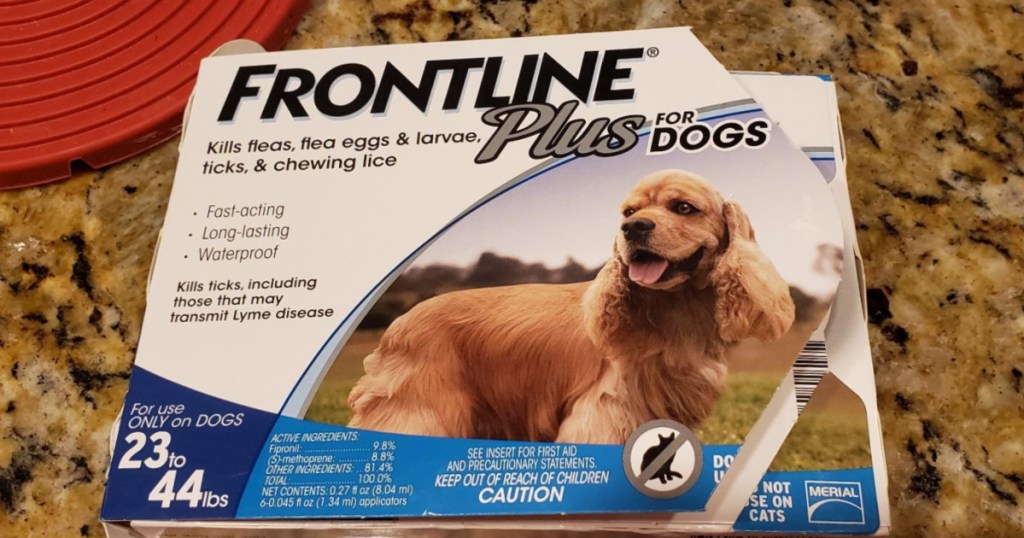 box of dog flea and tick treatment on counter