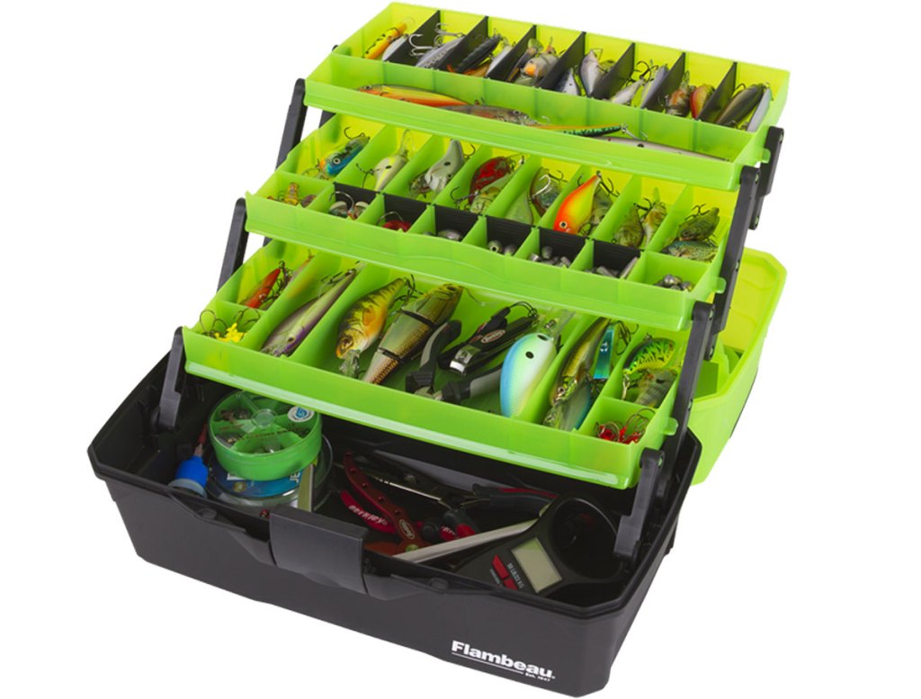 green and black fishing tackle box with multiple storage trays