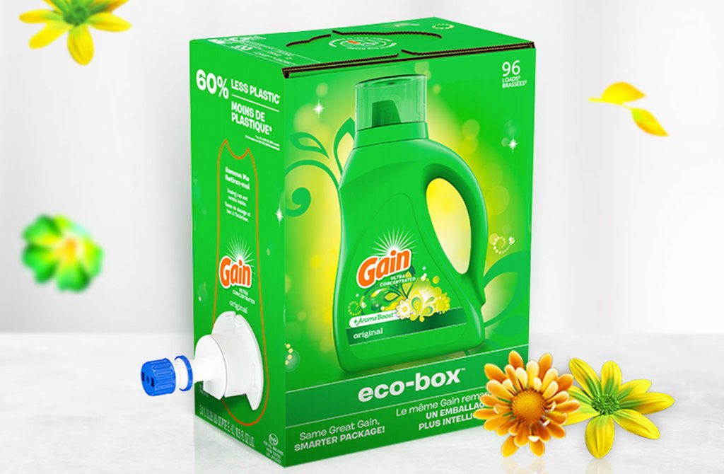 green box of gain laundry detergent on white counter